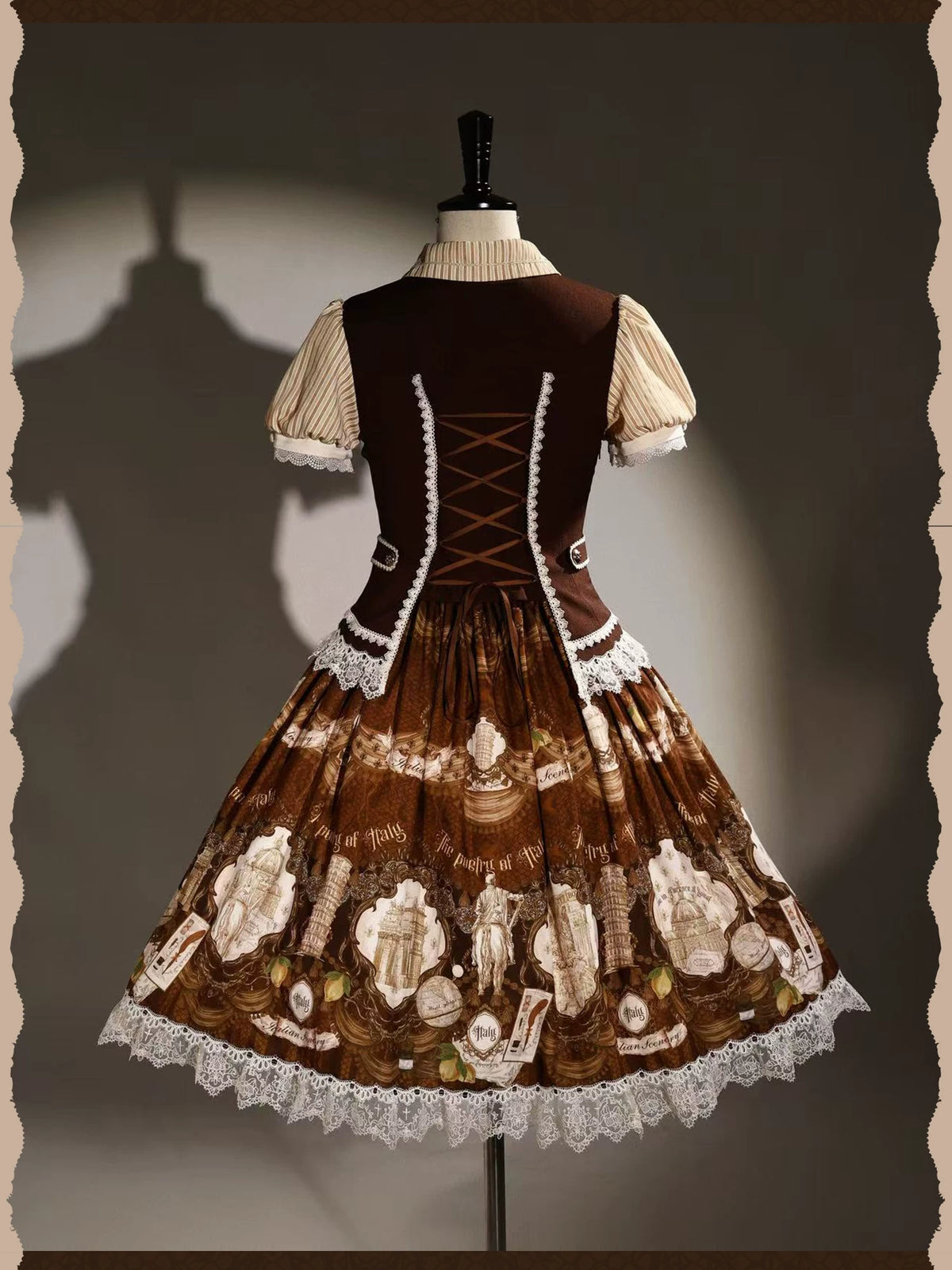 Italian Travelogue Brown British Style Lolita OP Dress and Coat