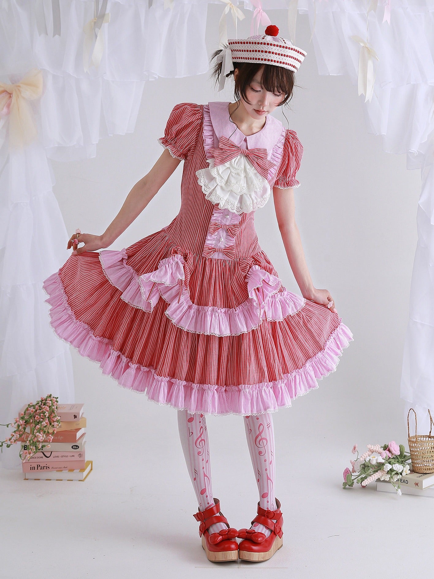 Candy Cottage Showa Retro Pink Striped Dress