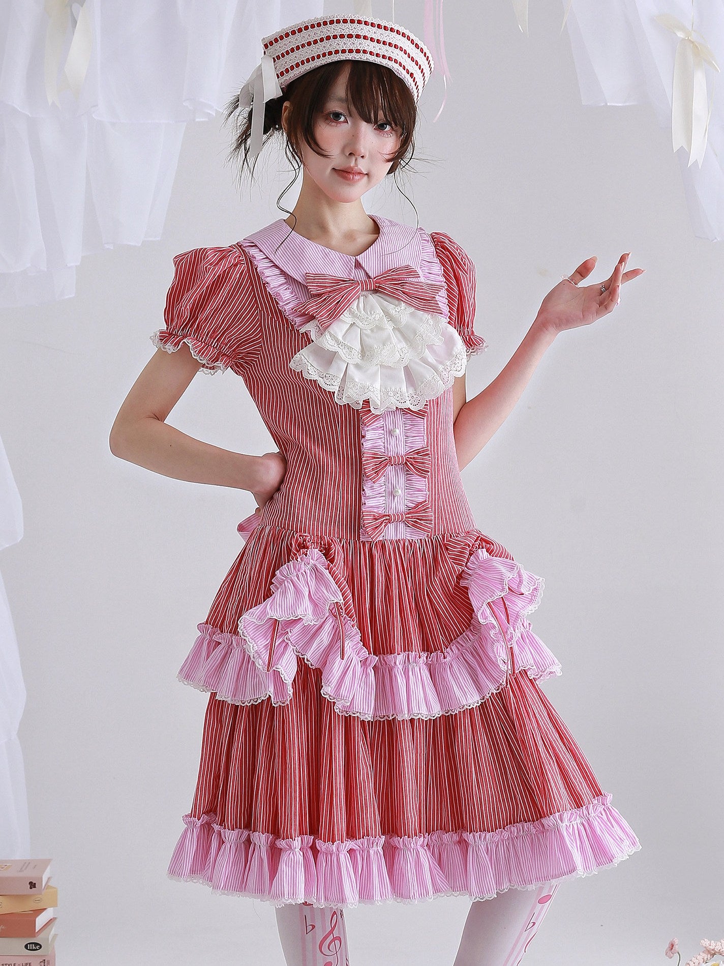 Candy Cottage Showa Retro Pink Striped Dress