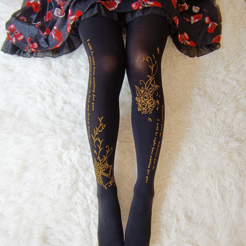 Lolita Elegant Gold Rose Velvet Tights