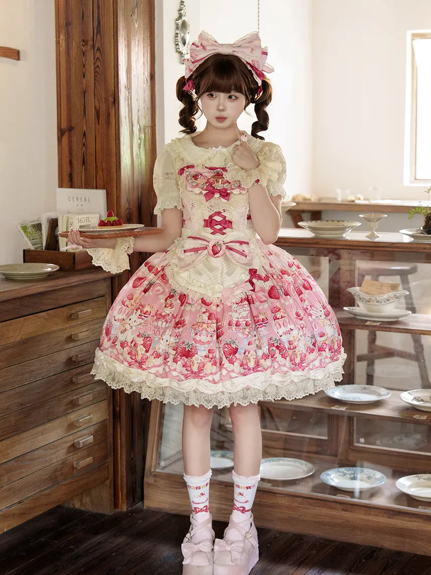 Parfait Dessert Bunny Sweet Cute Strawberry Print Embroidered JSK
