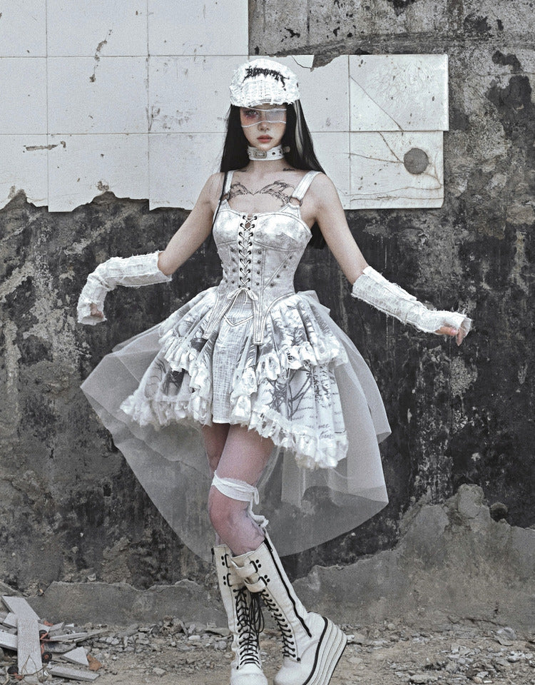 Lolita White Tie-Dye Punk Suspender Dress LG1020