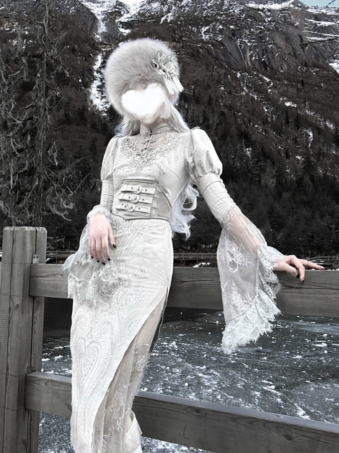 Lolita Gothic Silver Printed Goddess Fishtail Dress LG1011