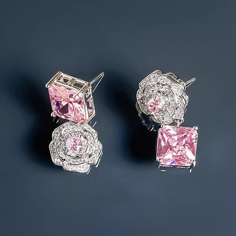 Icy Camellia Lolita Pink Crystal Gem Earrings
