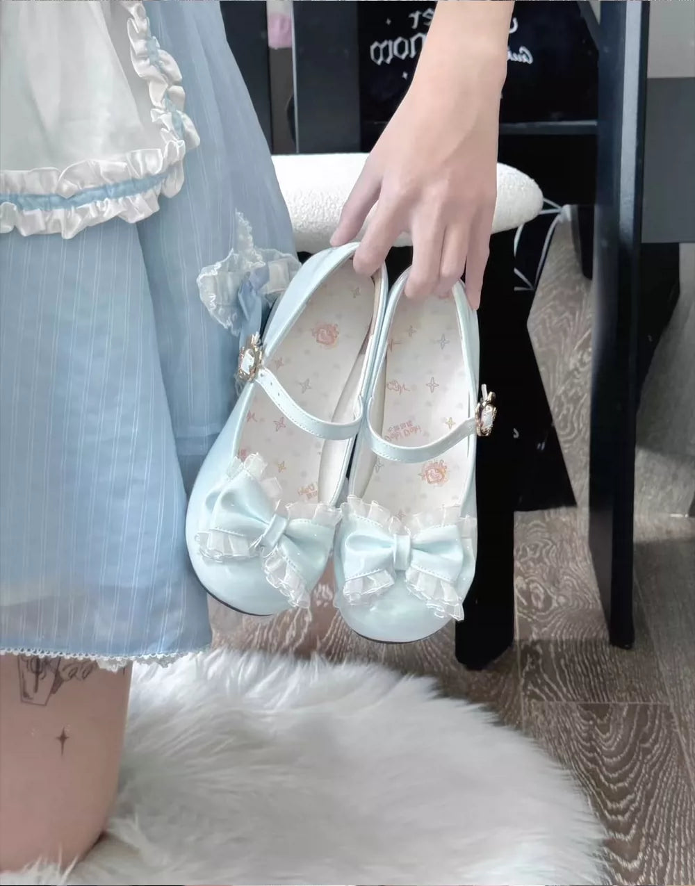 Little Gummy Sweet Lolita Lace Bow Mary Jane Mid Heel Shoes