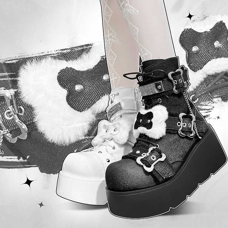Bone Motif Denim Ankle Boots