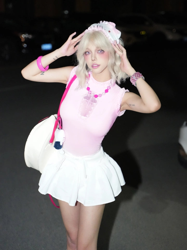 Комплект «Лолита» в готическом стиле: футболка с вырезом в виде креста и корсетный жилет LE1037