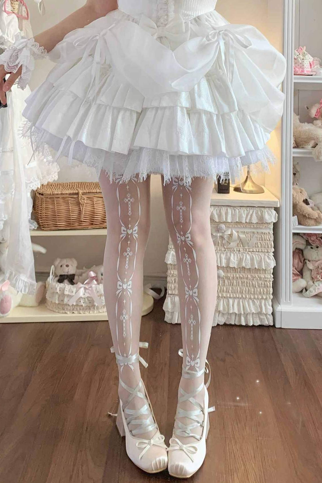 Lolita Sheer Bow Cross Print Tights