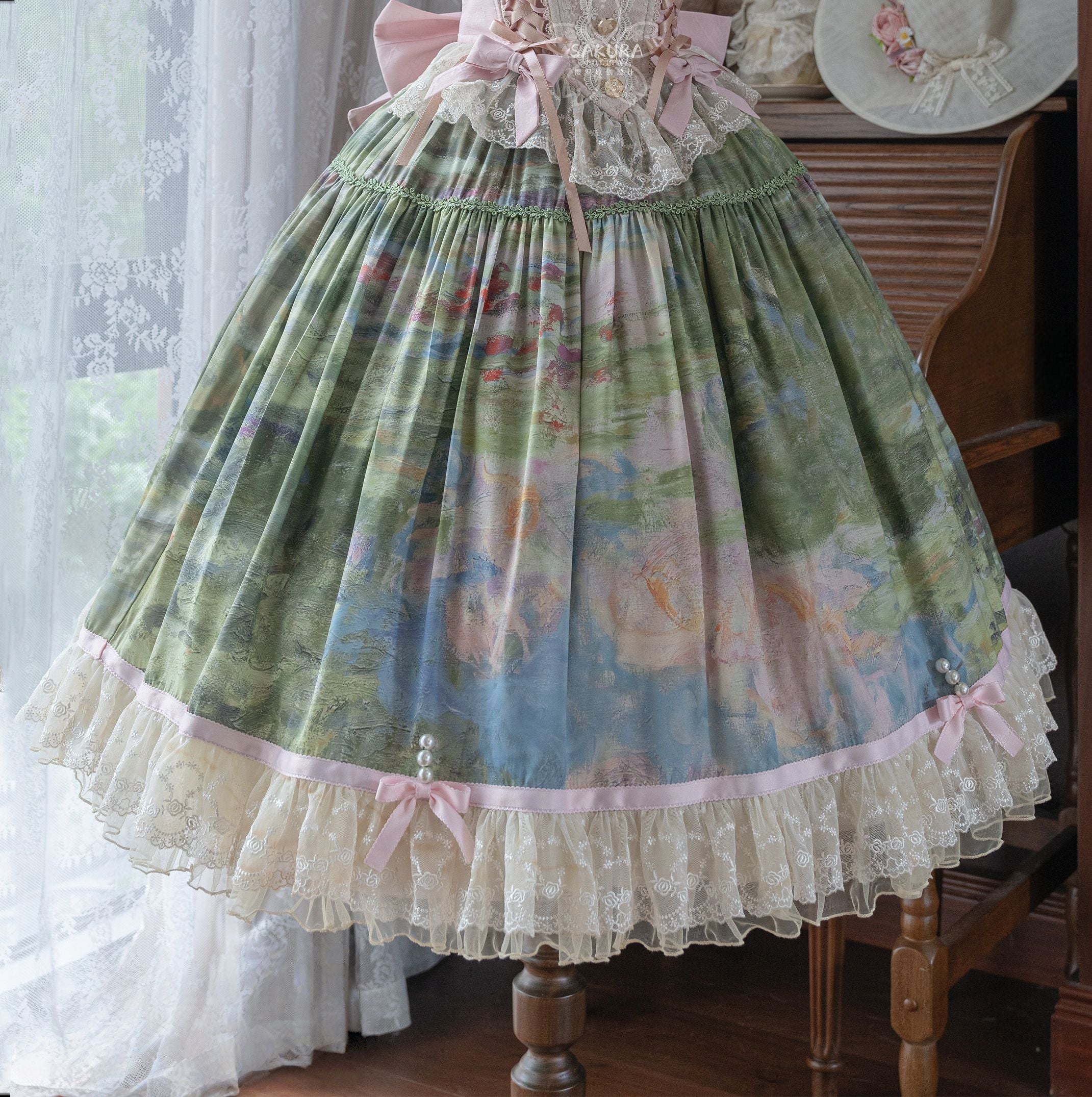 Ensemble Robe et Corset Lolita Classique "Le Jardin de Monet" (Peinture à l'Huile)