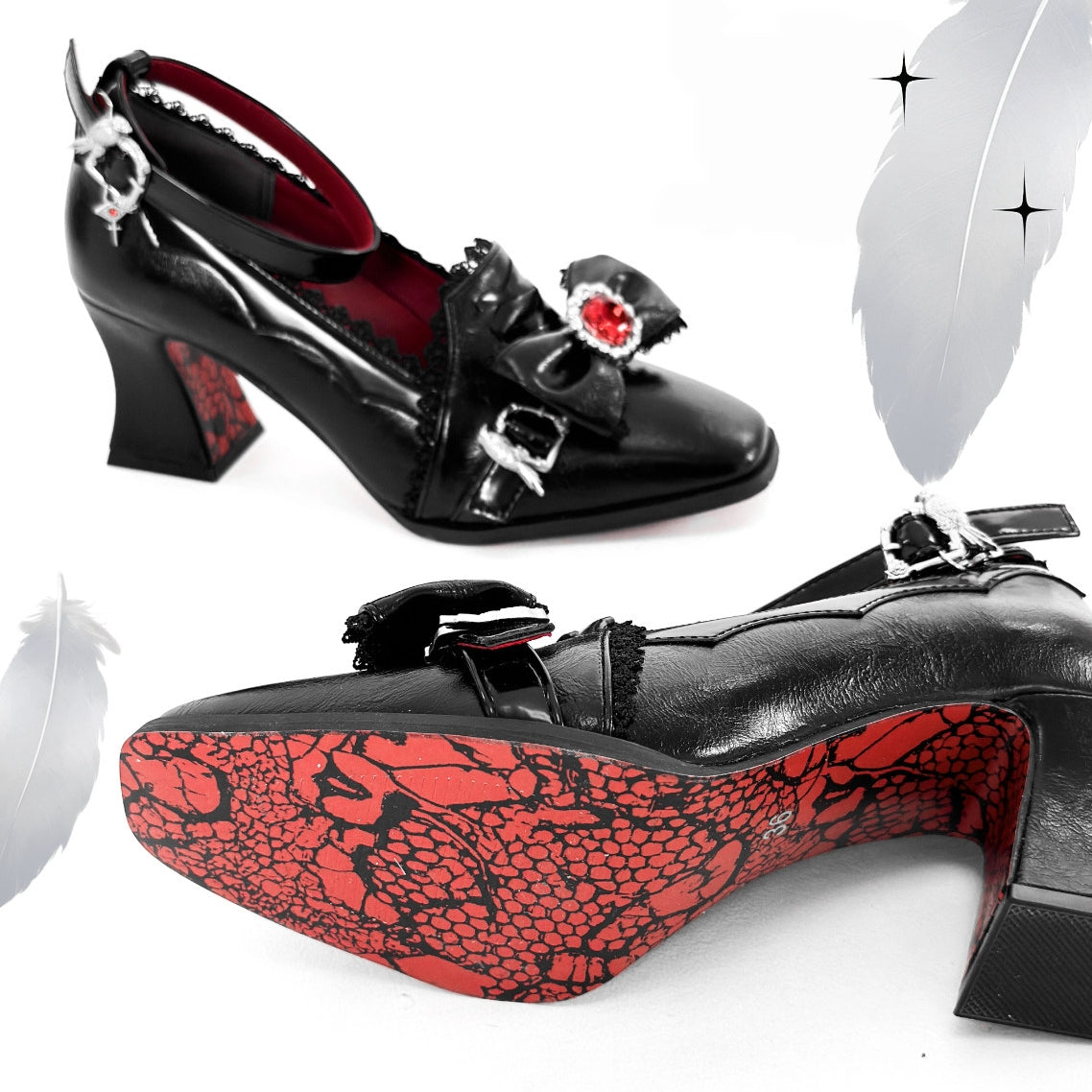 Night Banquet Black Square Toe Gothic Lolita Shoes with Ruby Bow