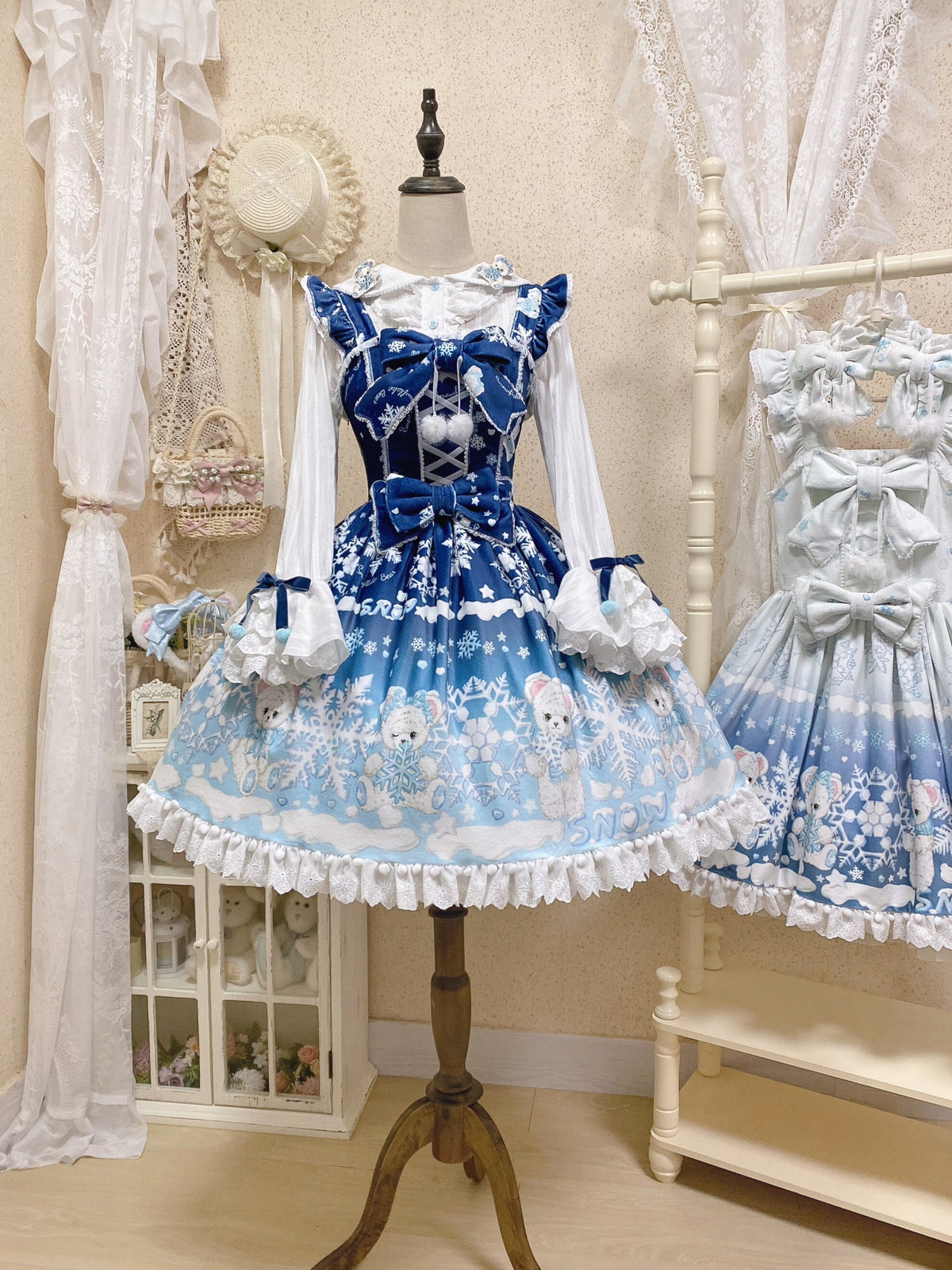 Snowflake Bear Deep Blue Christmas Plush Lolita JSK Dress Set