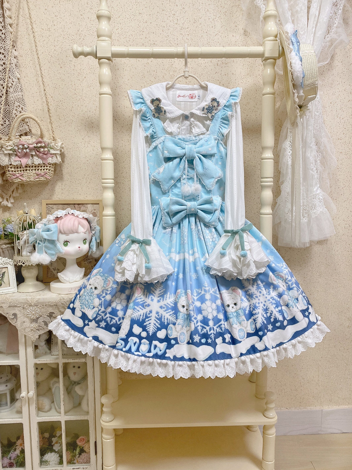 Snowflake Bear Blue Christmas Plush Lolita JSK Dress Set