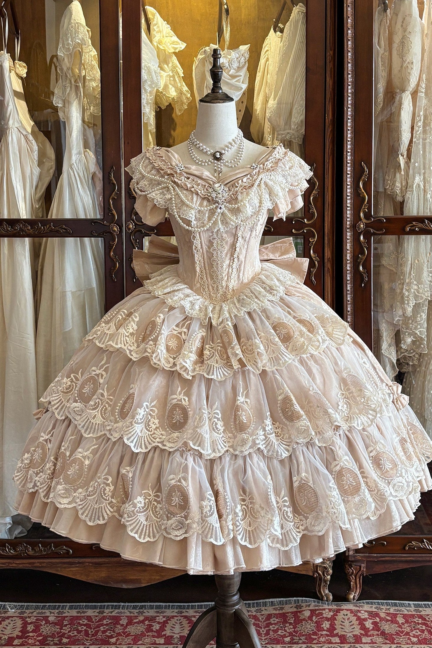 Bourbon Rose Ivory Fan Lace Embroidery Classic Lolita OP Dress