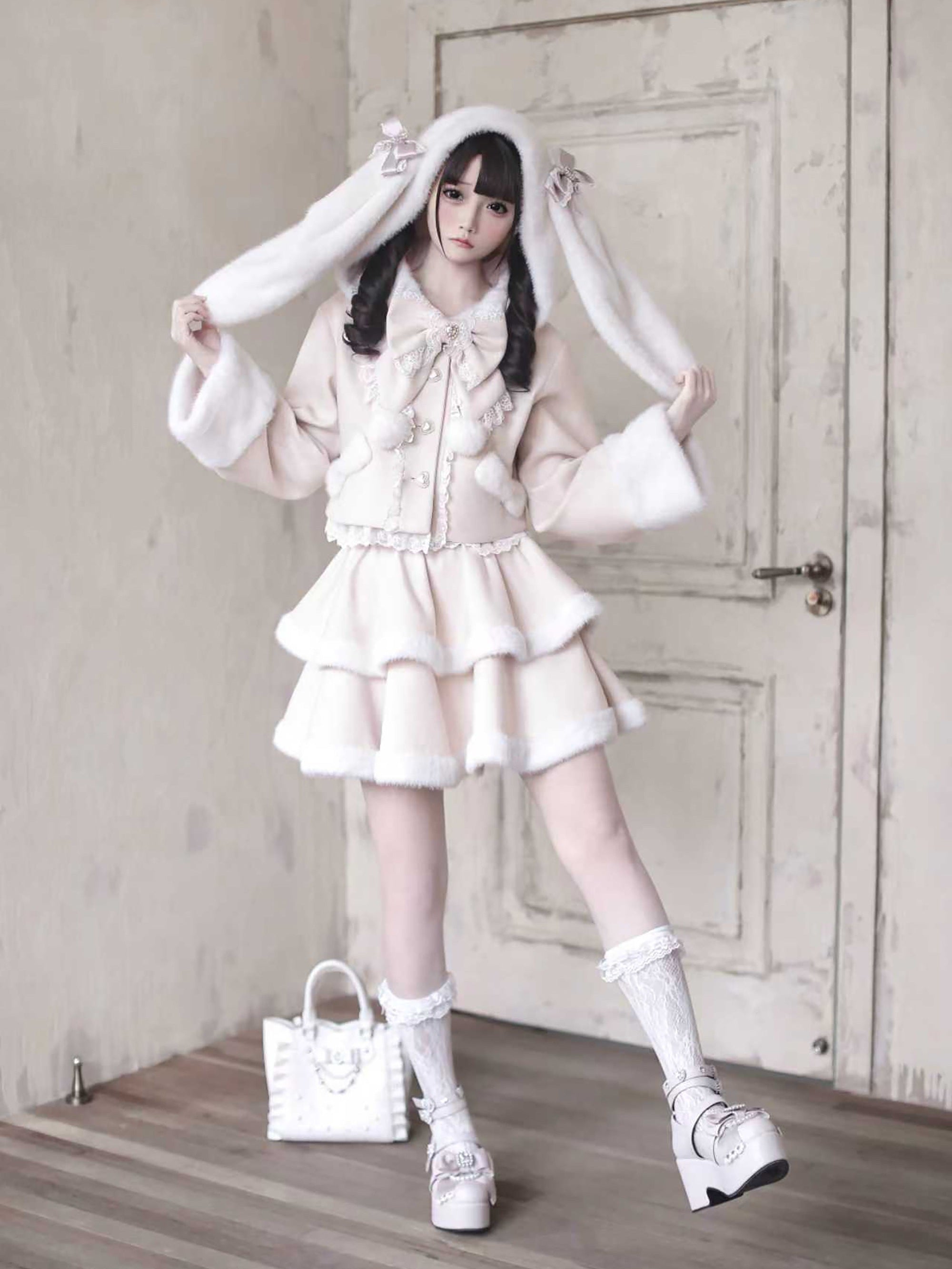 Snow Love Heart Pink Rabbit Ear Coat