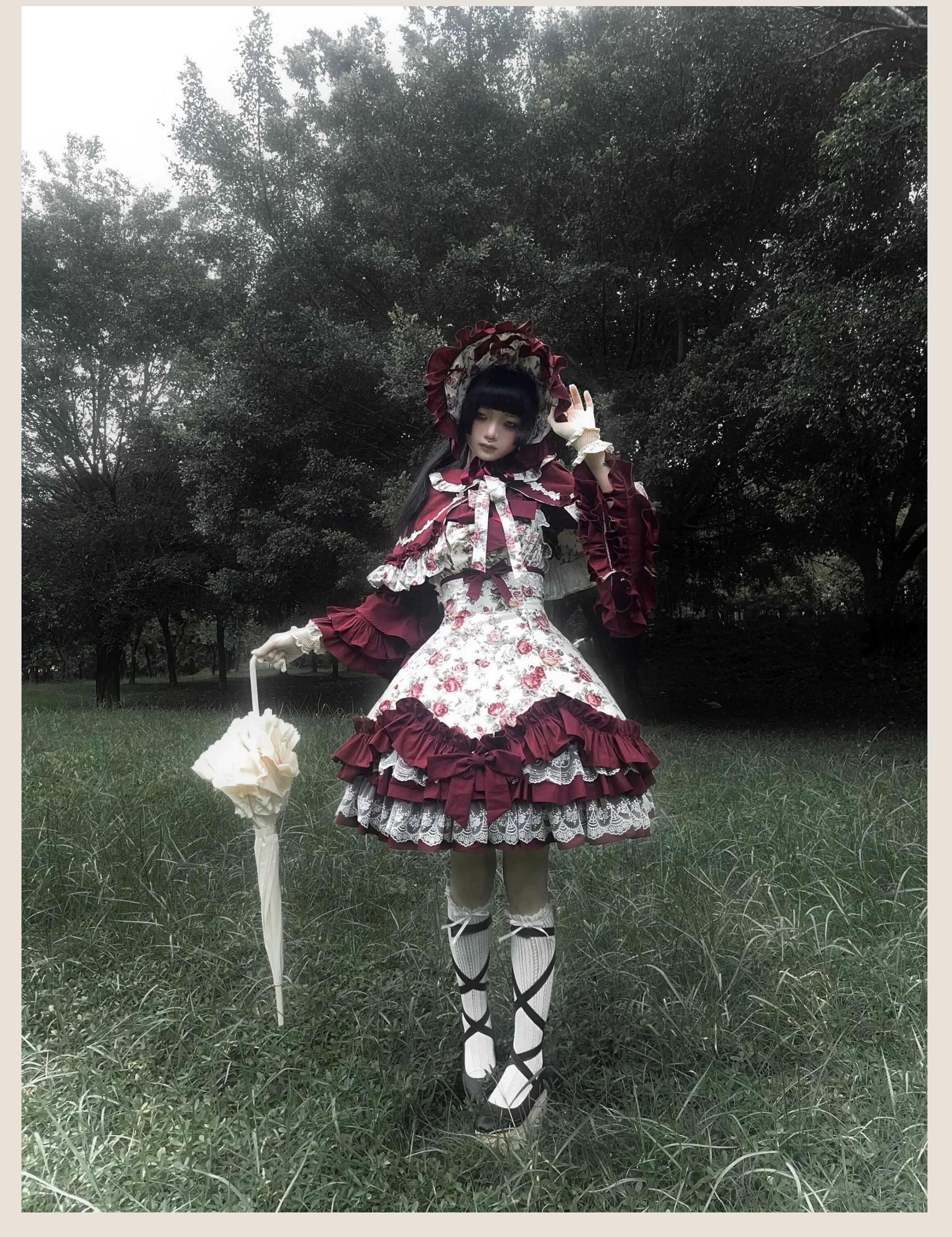 Burgundy Rose Classic Lolita JSK Vintage Japanese Rose Print