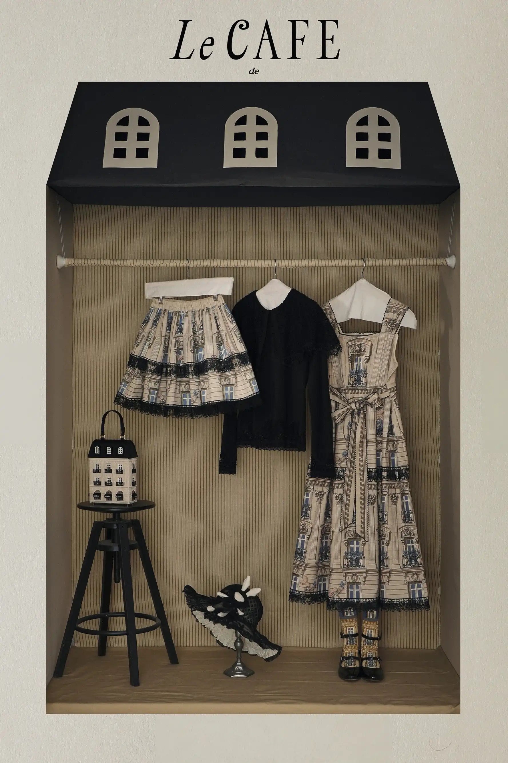 French Architectural Balcony Print Black Lace Trim Mini Skirt