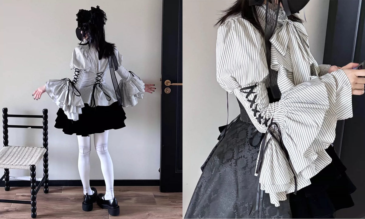 Raven Gothic Lolita Striped Flutter Sleeves Blouse