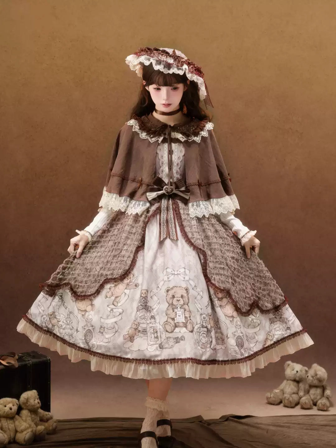 Fula Bear's Perfume Shop Lolita Vintage Bear Print OP Dress