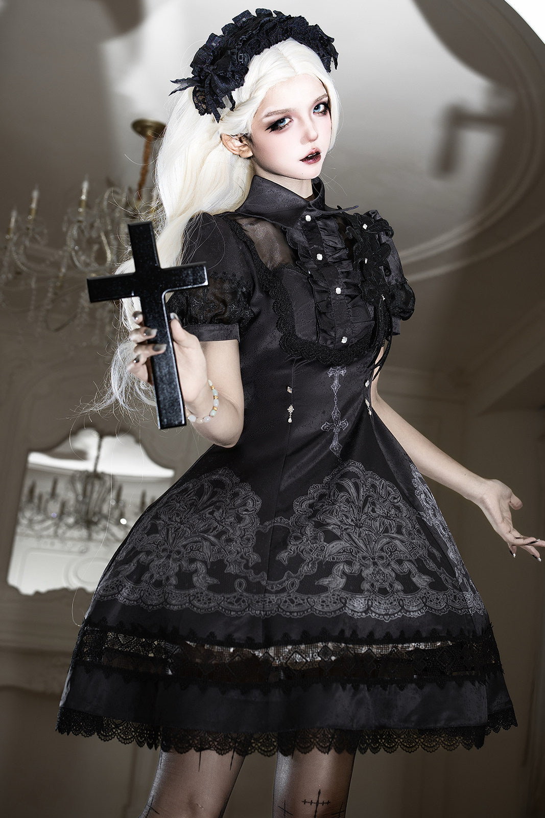 Black Lace Lily Gothic Classic Lolita OP Dress
