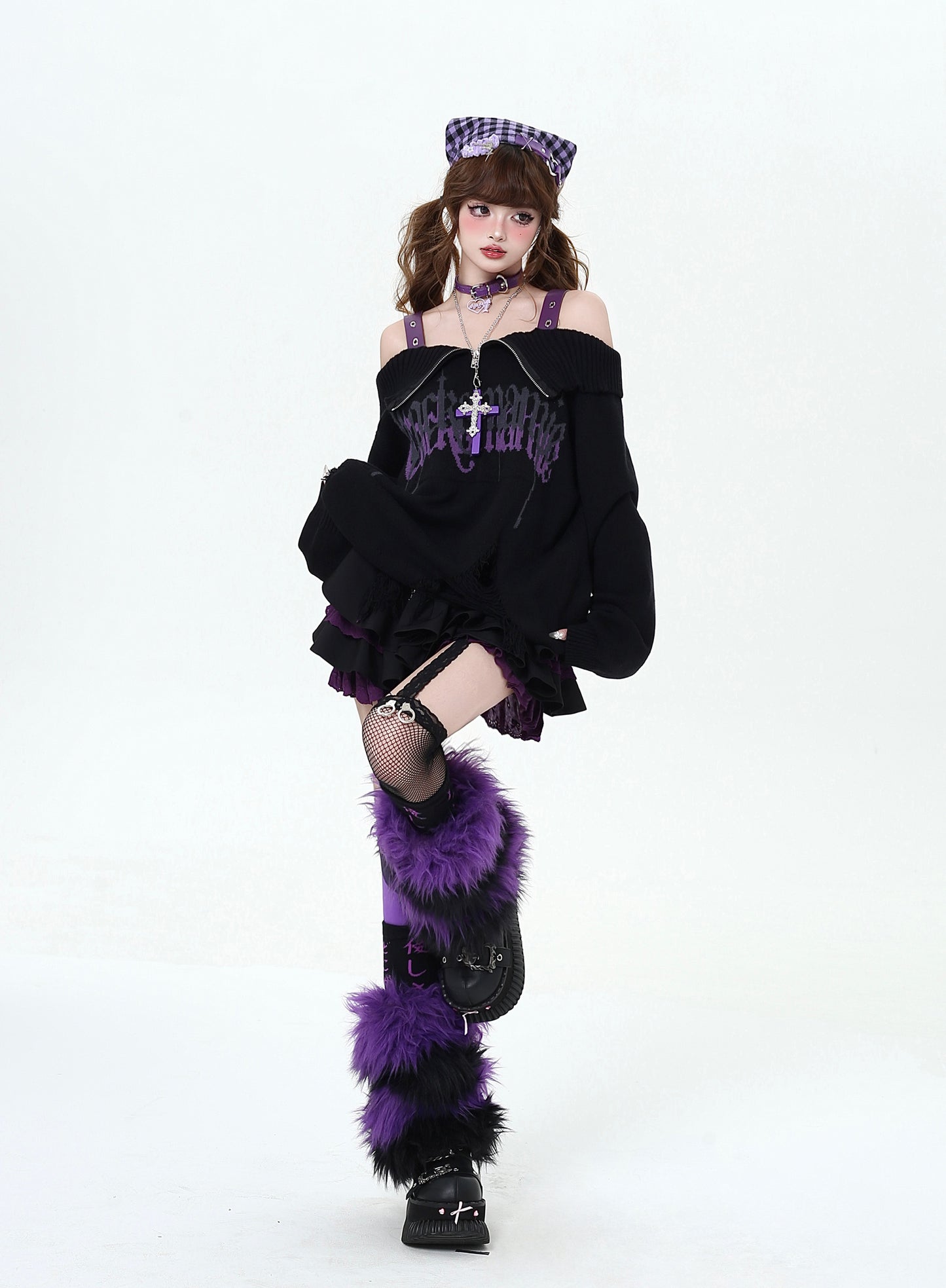Y2K Black & Purple Off-Shoulder Sweater LE1030