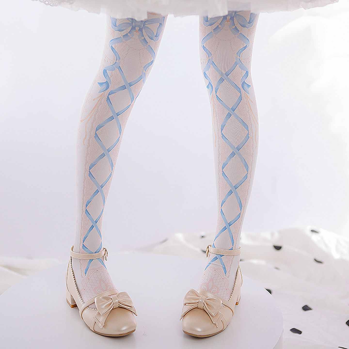 Lolita Sweet Printed Bow and Ribbon Pattern 120D Tights