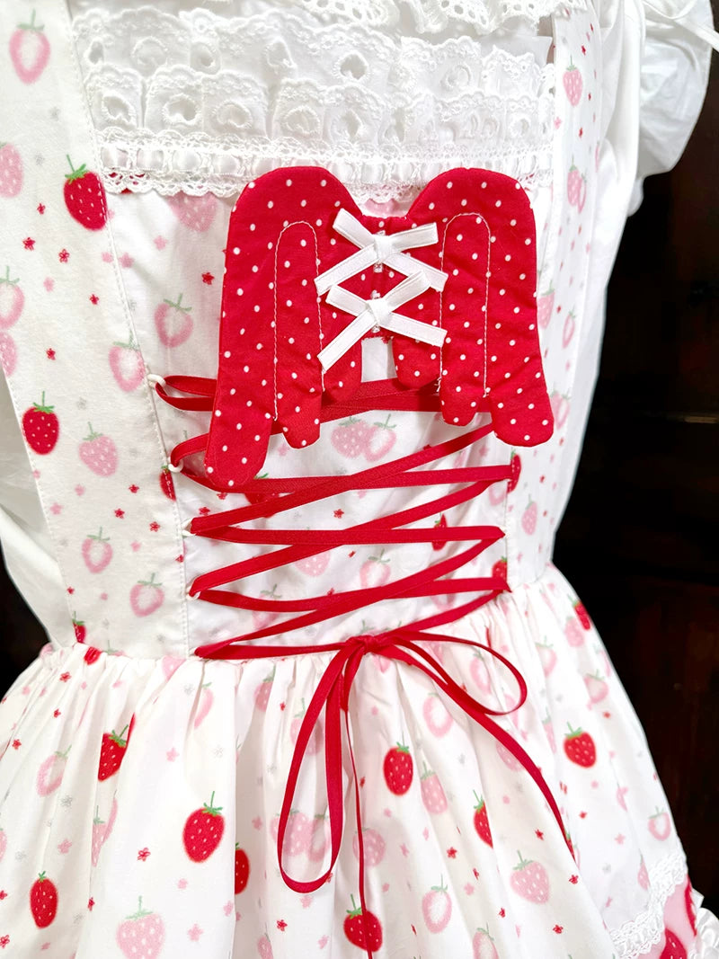 Strawberry Scent Polka Dot Floral Mini Wing Pinafore JSK Dress