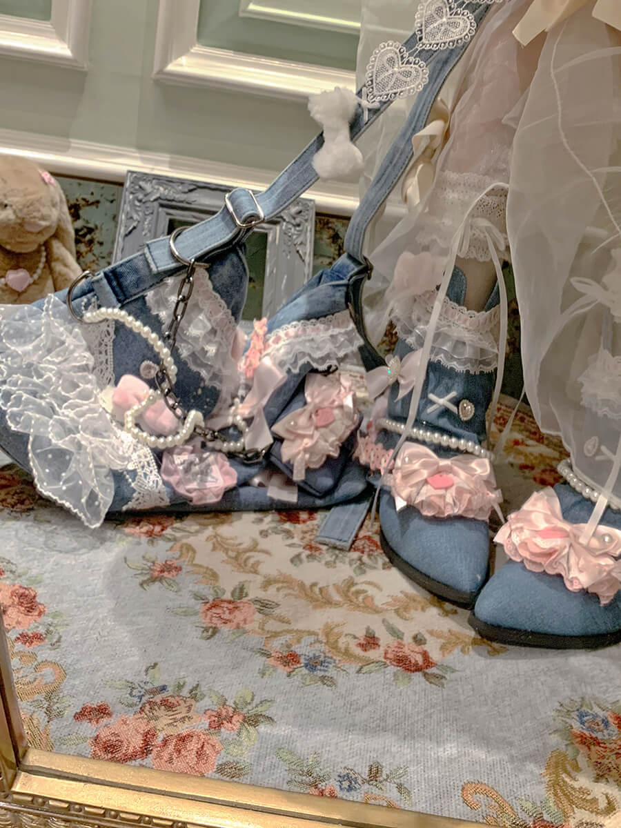 Lolita Bow Lace Denim Pointed Toe Ankle Boots LE5003