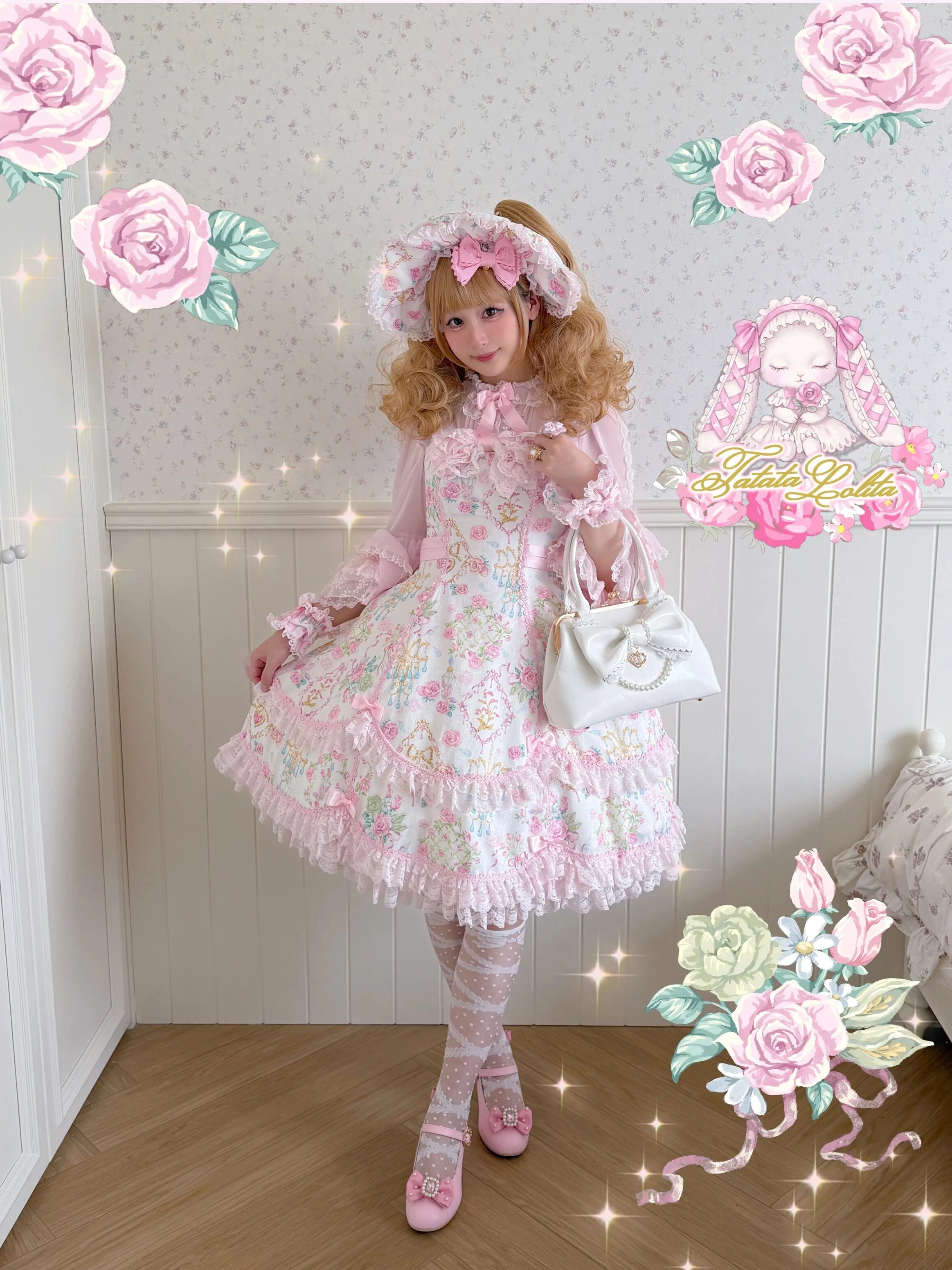 Spring 2025 Vintage Flower Wall Chandelier Rose Print Sweet Lolita JSK Dress