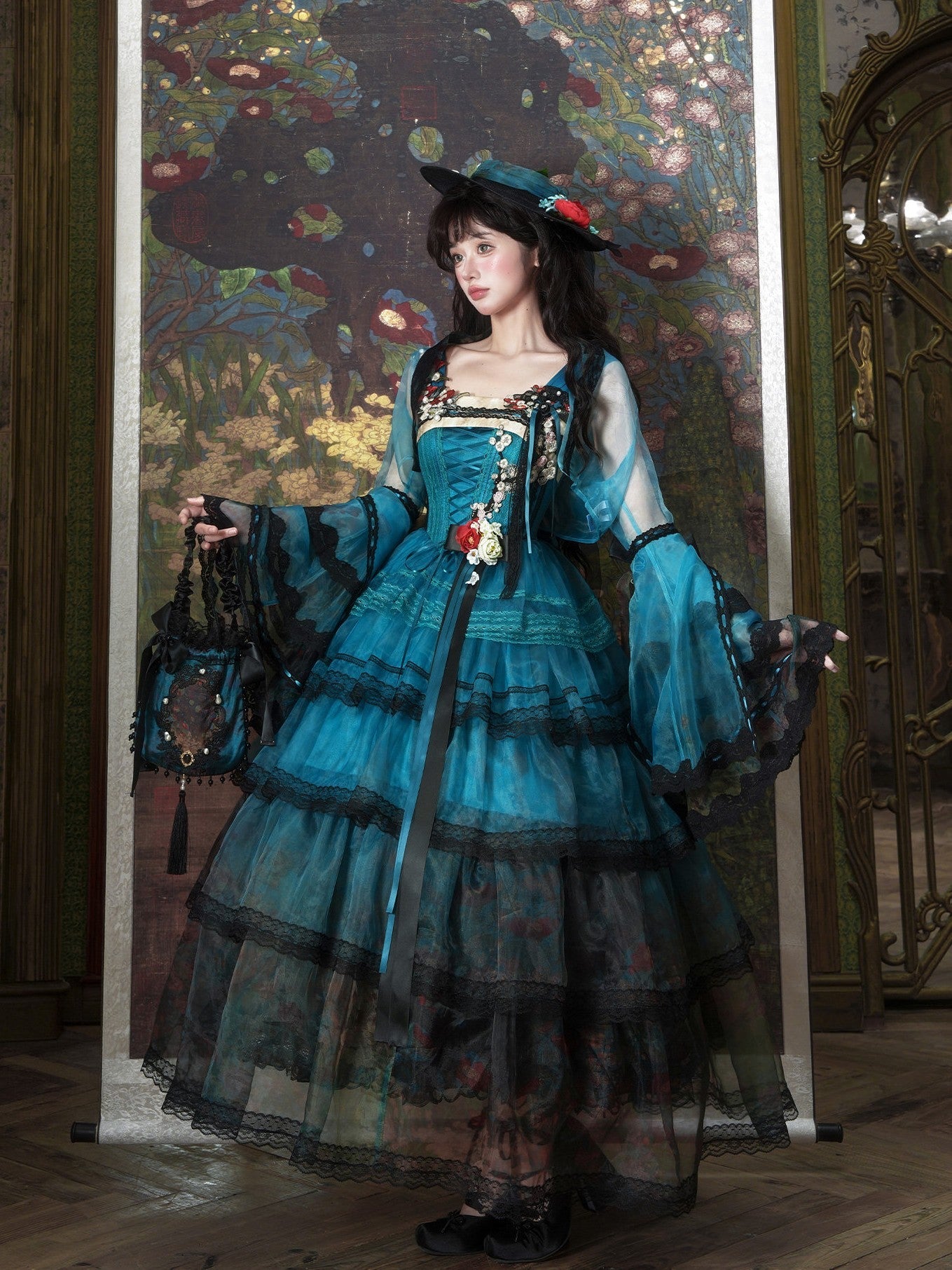 Misty New Dawn Peacock Blue Classic Lolita Long JSK Tea Party Set