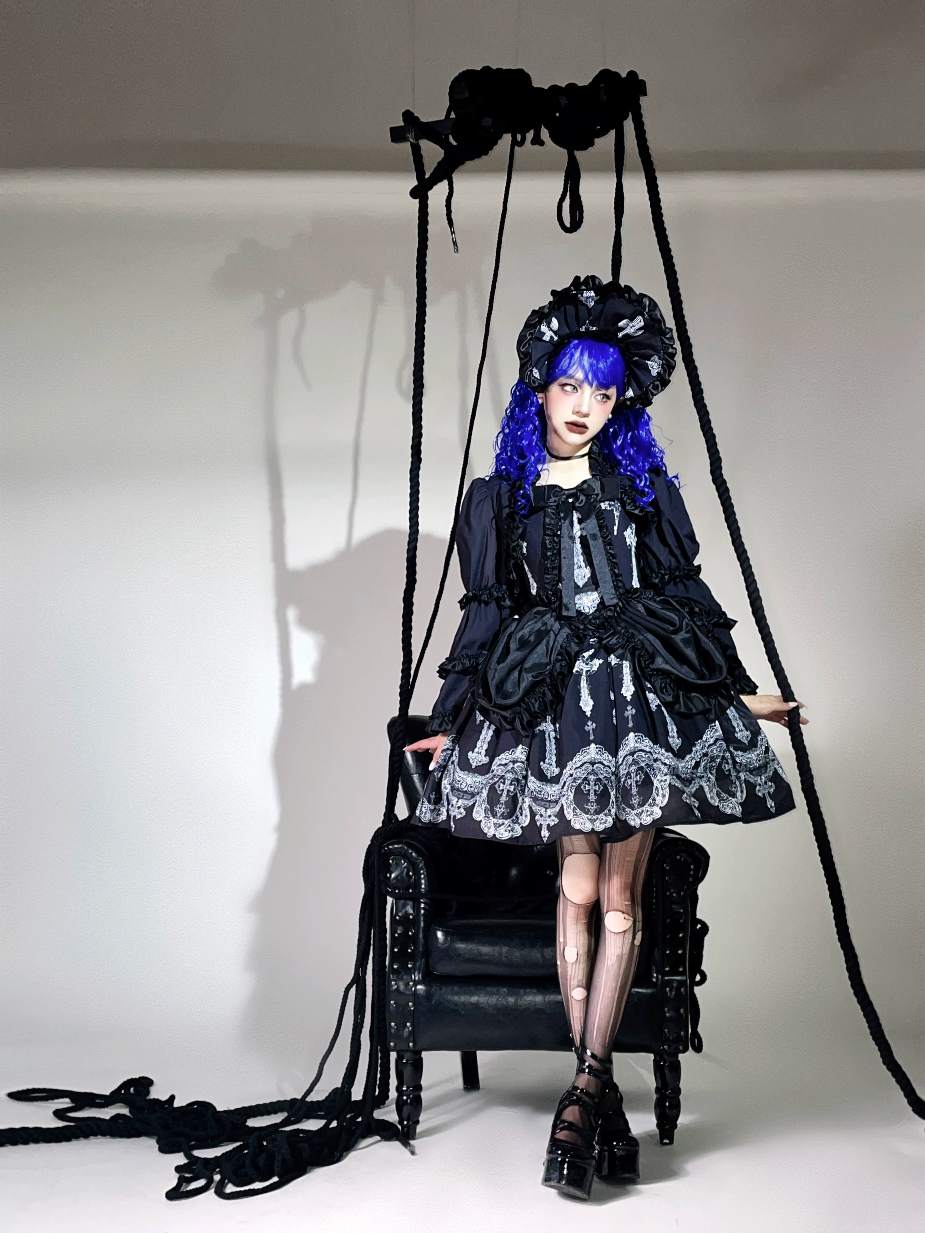 Lace Cross Gothic Lolita JSK Black Set