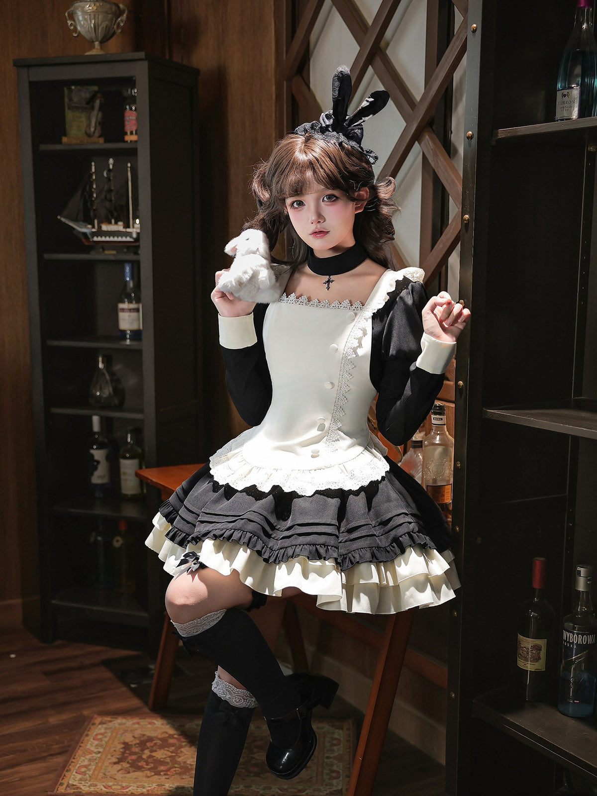 Lia Elegant Old‑School Square‑Neck Ruffled Vintage Lolita OP Dress