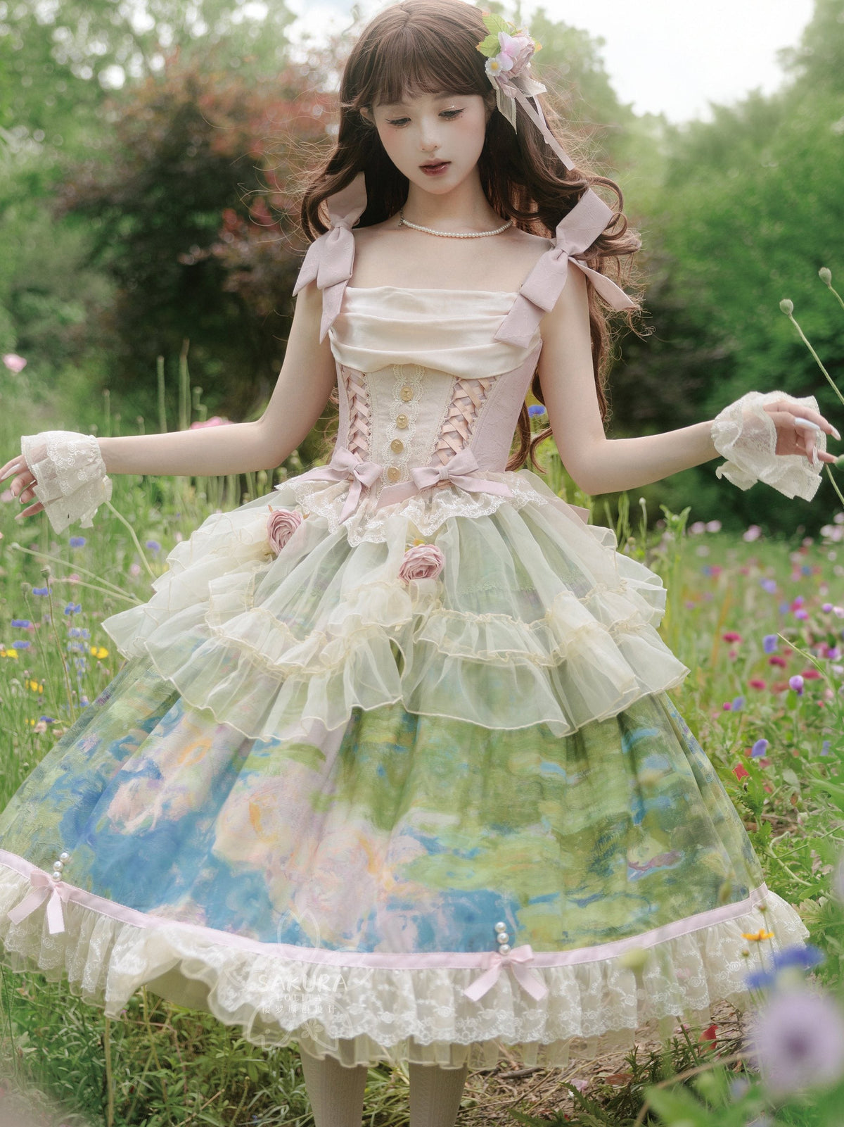 Ensemble Robe et Corset Lolita Classique "Le Jardin de Monet" (Peinture à l'Huile)