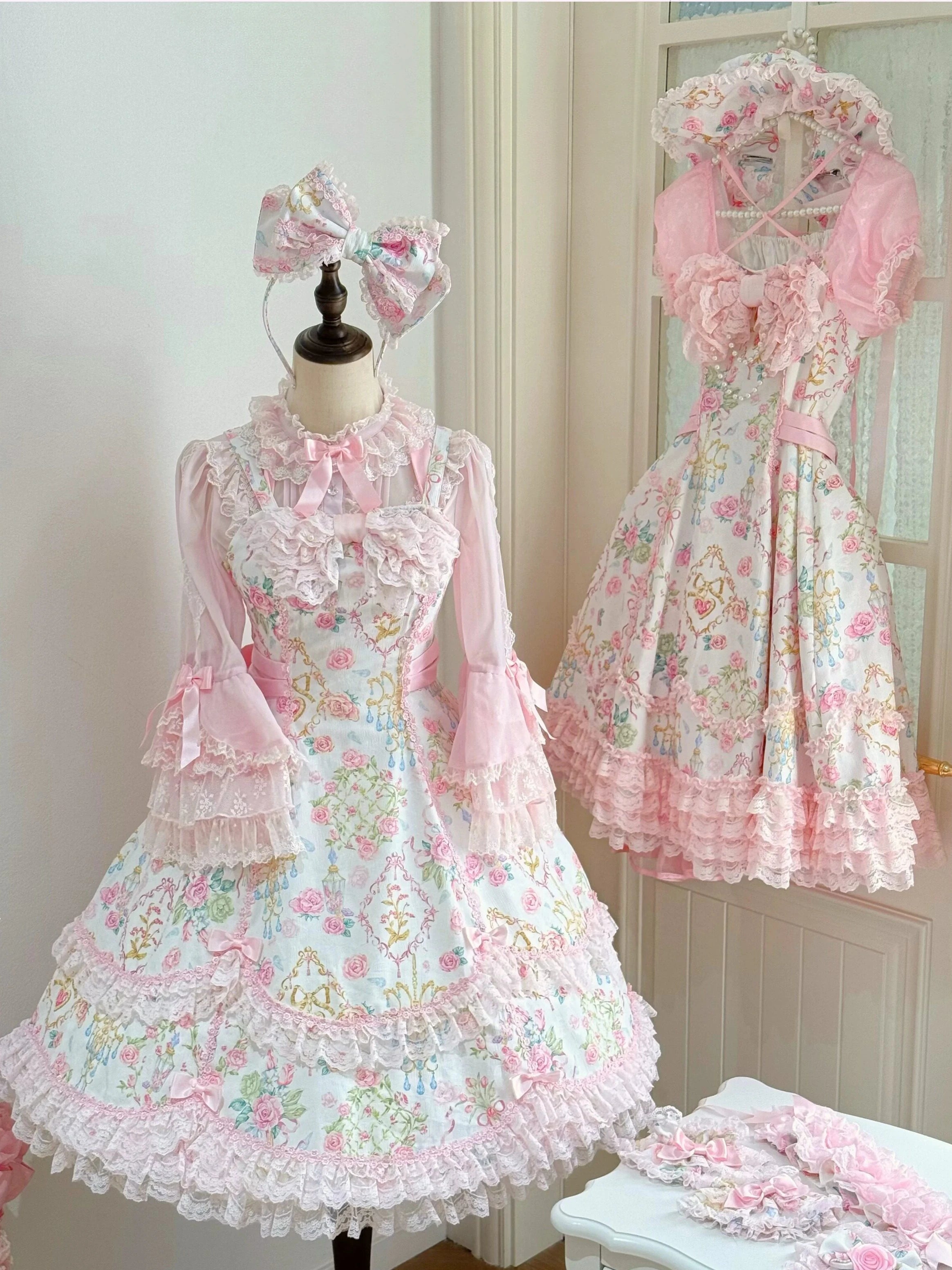 Spring 2025 Vintage Flower Wall Chandelier Rose Print Sweet Lolita JSK Dress