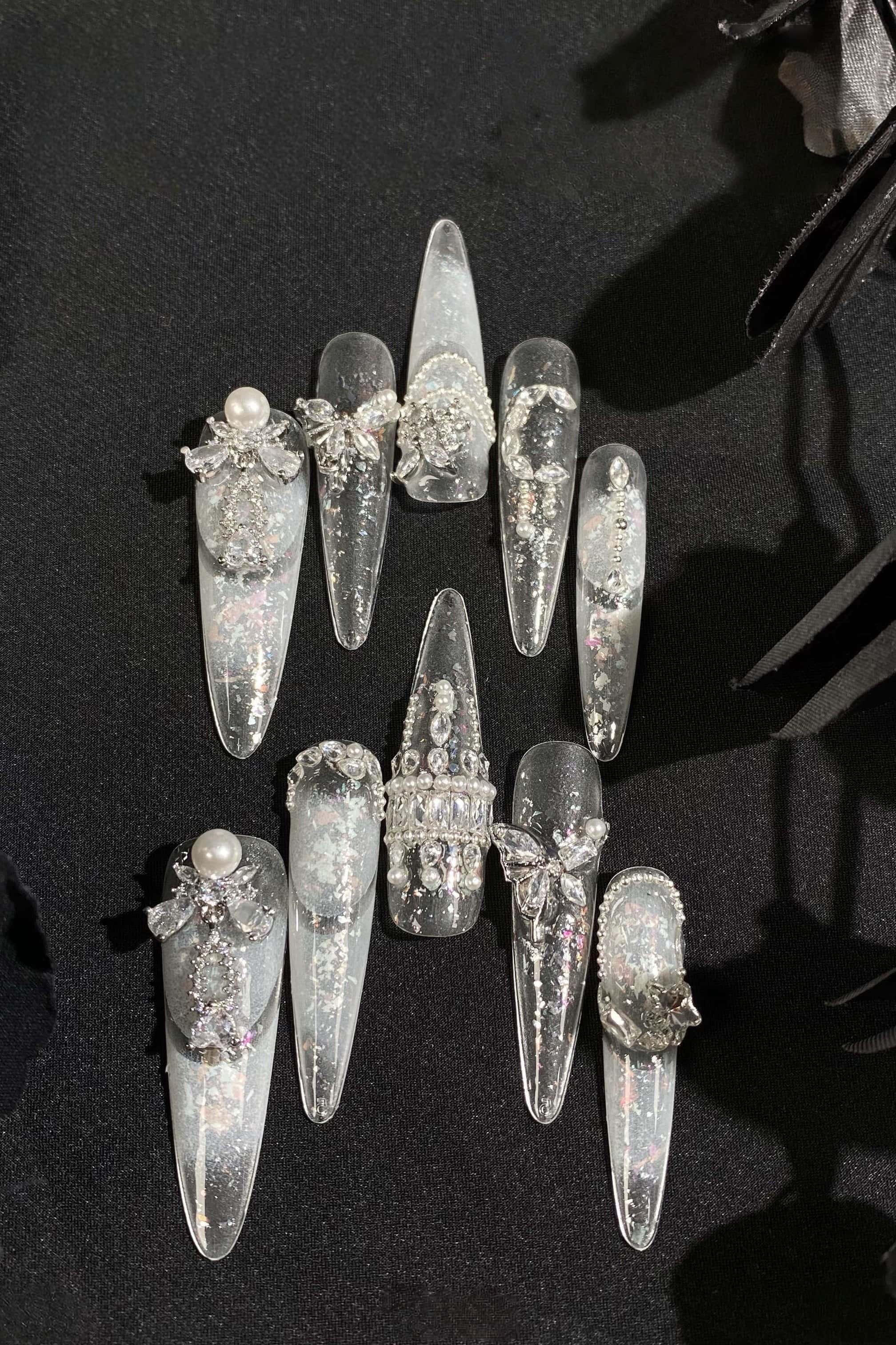 Snow Sight White French Zircon Diamond Bridal Lolita Nail Art