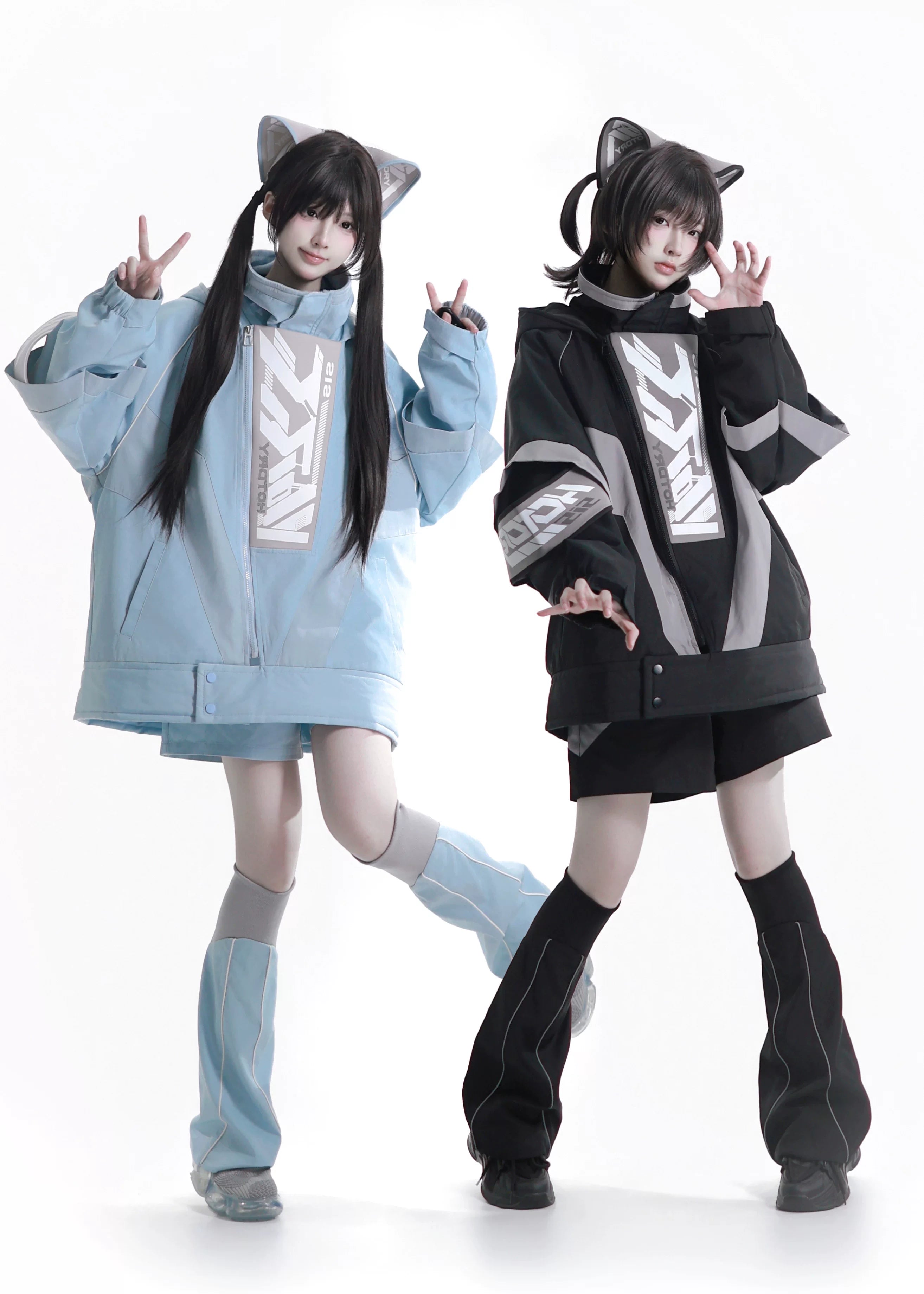 Dystopian Techwear Two-Piece Fleece-Lined Jacket and Shorts Set
