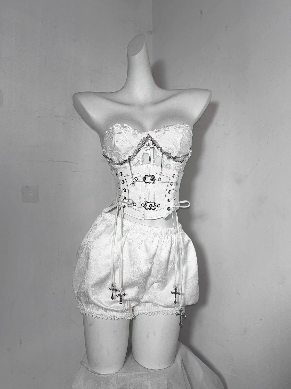 Flower Bud White Rose Gothic Corset & Birdcage Skirt Set