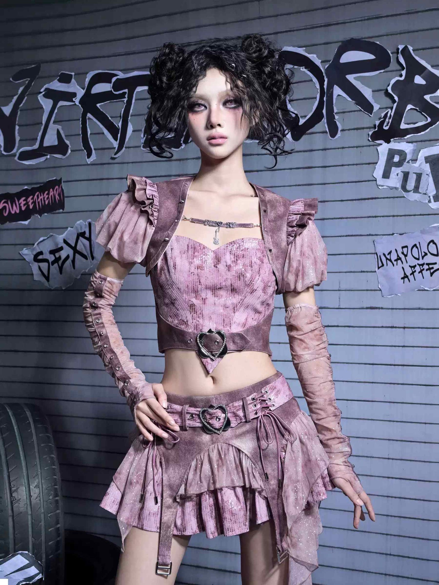 Y2K Edgy Rivet Denim Set with Leg Harness LE1021