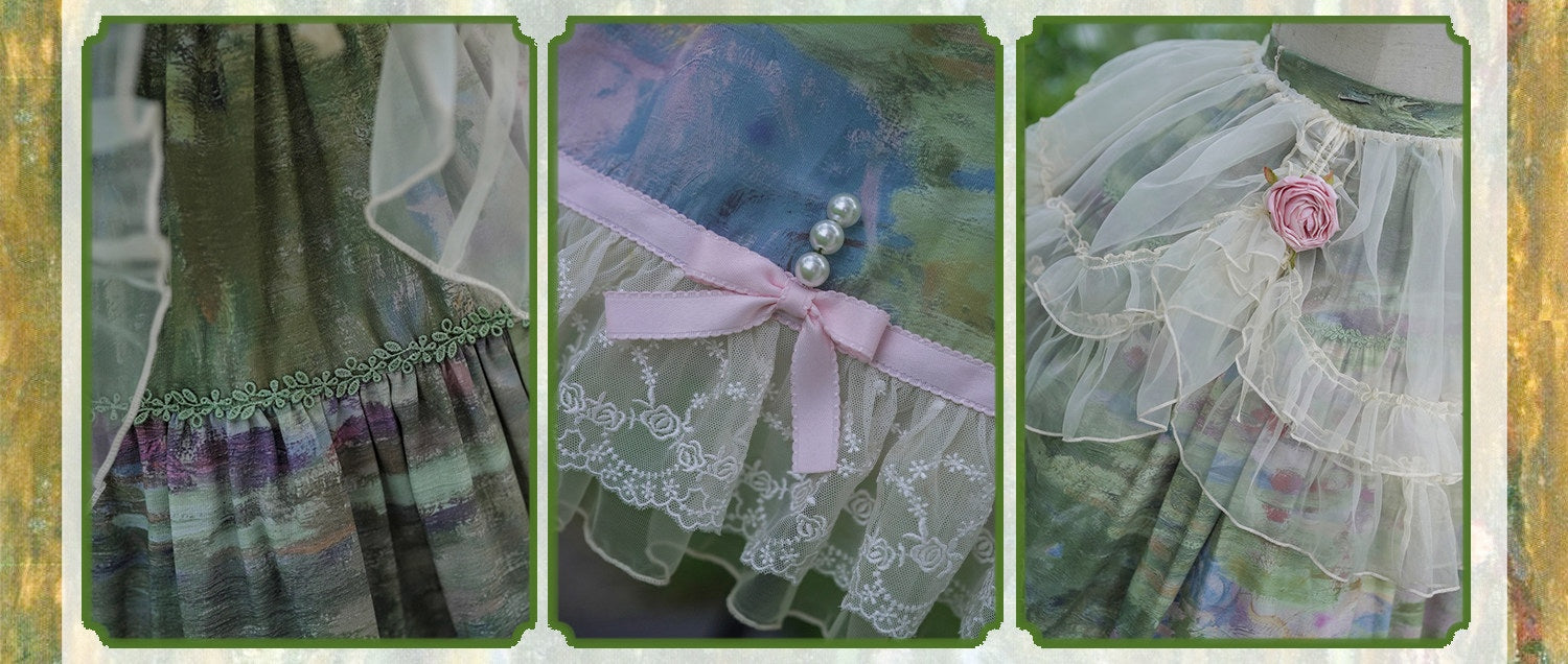 Ensemble Robe et Corset Lolita Classique "Le Jardin de Monet" (Peinture à l'Huile)