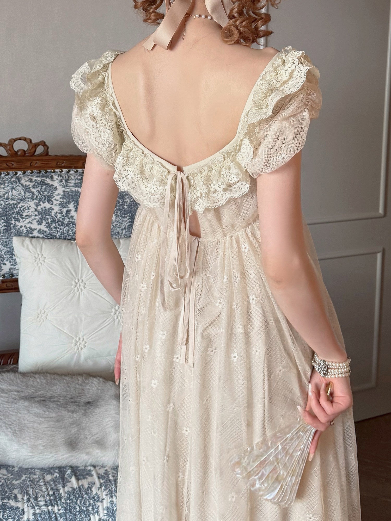 Bathing in Light Cream Empire Waist Lolita OP Dress