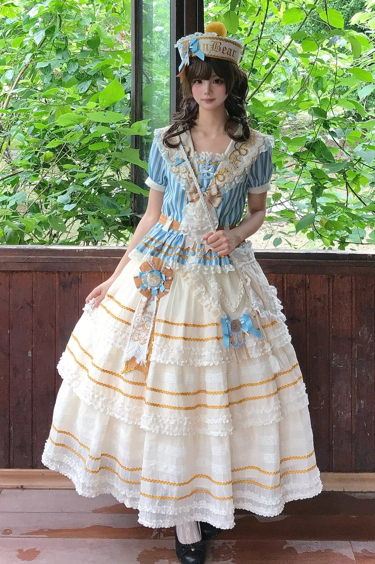 Antique Sailor Bear Blue Stripe Cropped Top Long Skirt Lolita Set