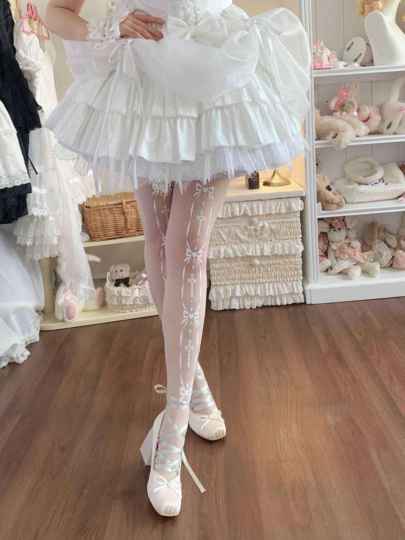 Lolita Sheer Bow Cross Print Tights