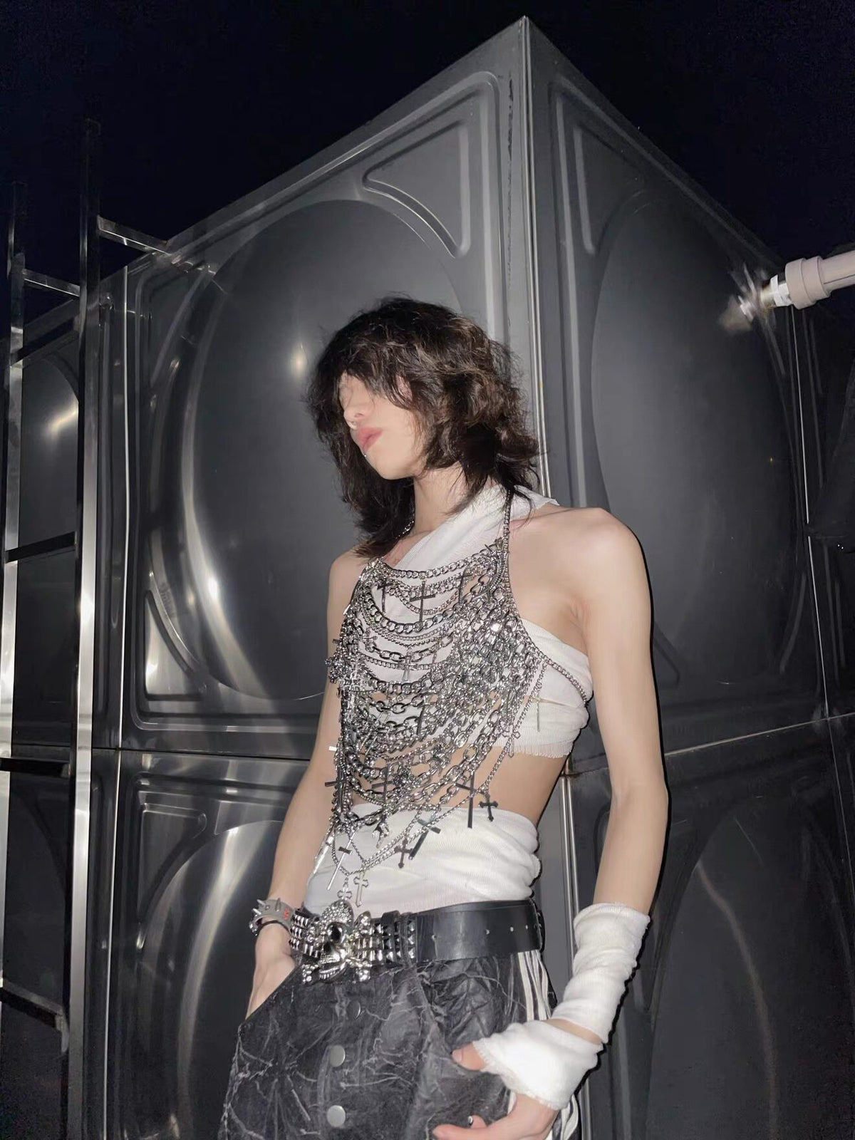 Tears Queen Silver Shiny Gothic Halter Crop Top & Cross Body Chain