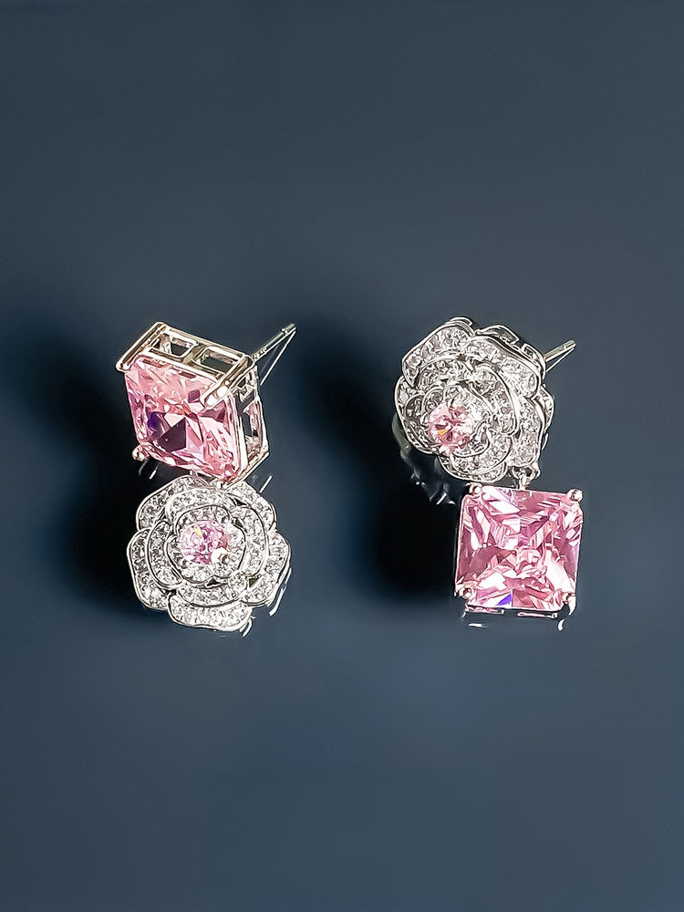 Icy Camellia Lolita Pink Crystal Gem Earrings