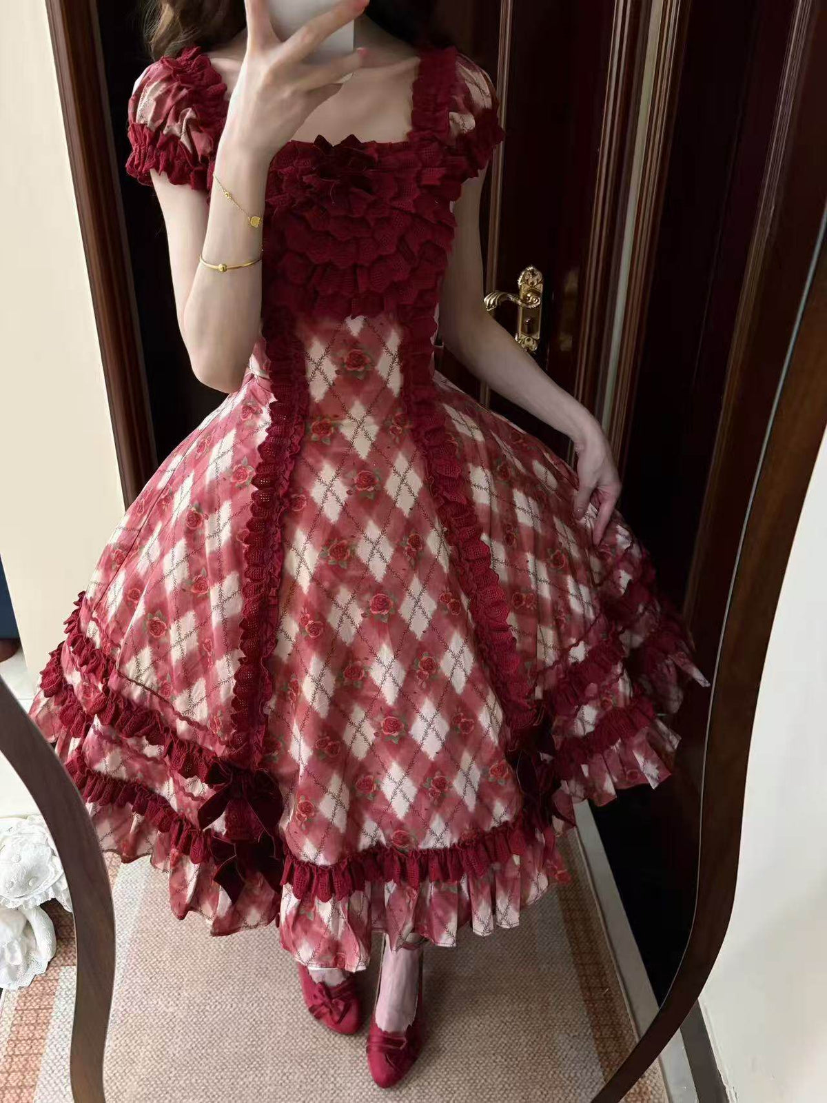 Red Pencil Lolita Vintage Diamond Floral Print Ruffled Red JSK Dress