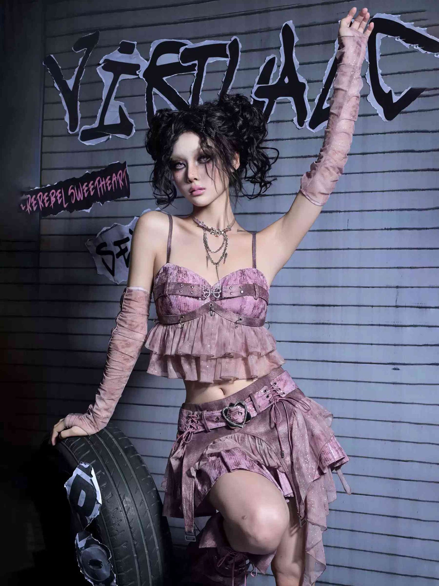 Y2K Edgy Rivet Denim Set with Leg Harness LE1021