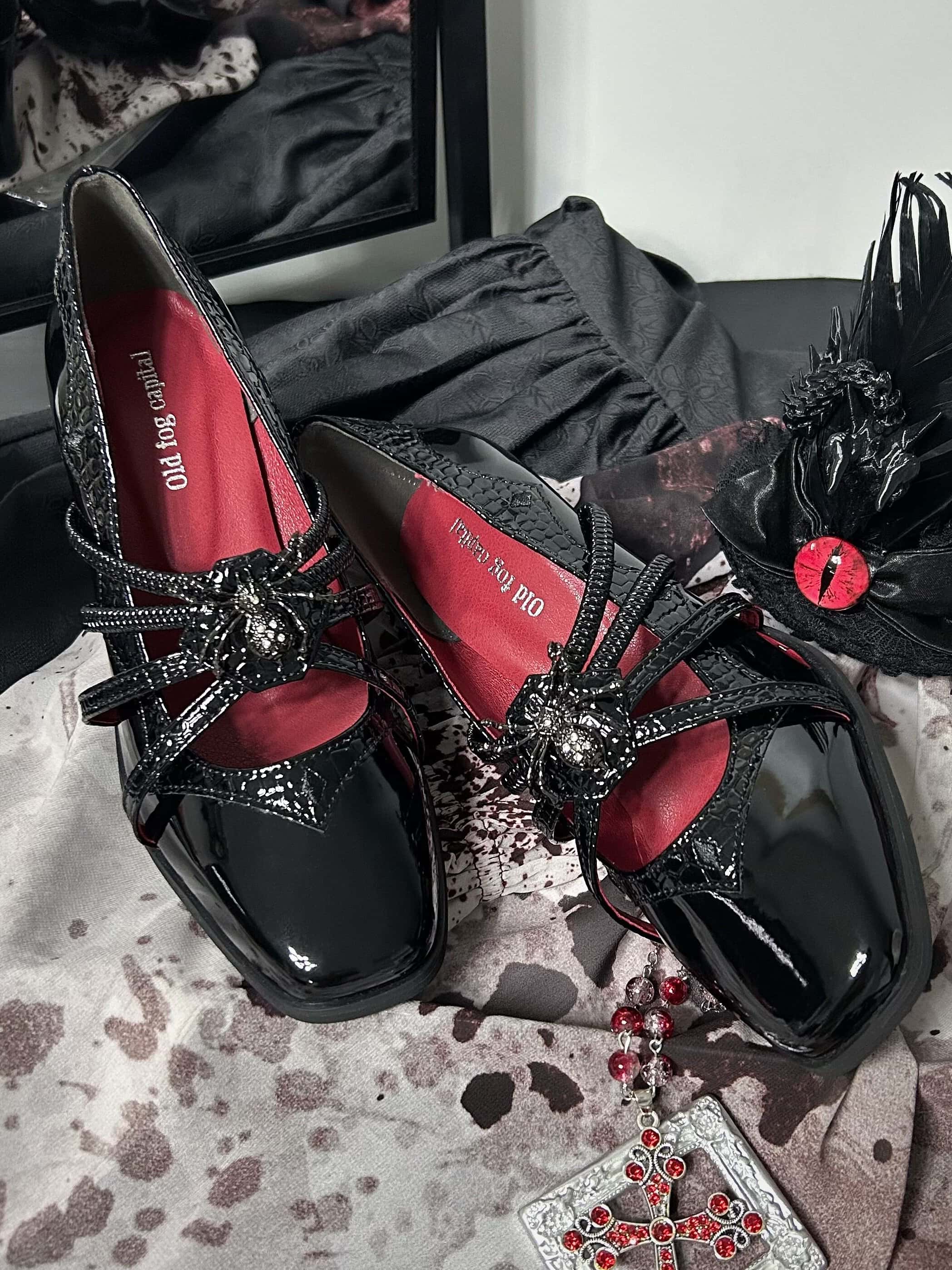 Spider Banquet Black Croc Patent Gothic Lolita Heels with Spider Buckle