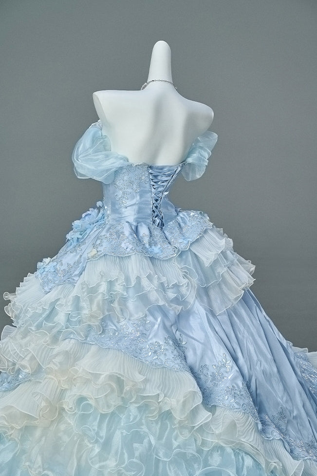 Glacier Luna Ice Blue 3D Butterfly Tiered Ballgown Princess Formal Dress