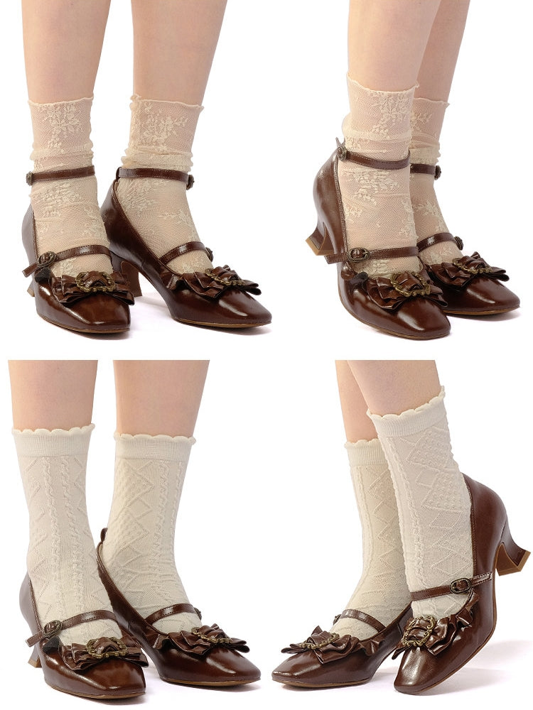 Frame Genuine‑Leather Bow Lace Goblet‑Heel Lolita Shoes