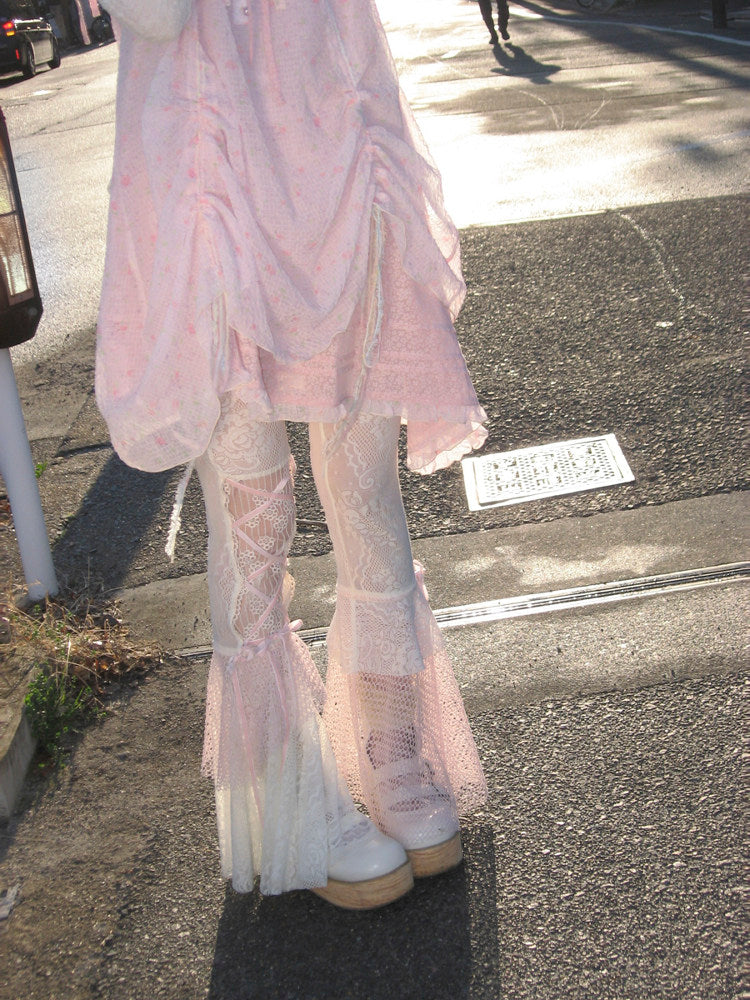 Jellyfish Pink Blue Lace Mesh Flared Pants Slip Dress Fairycore Set