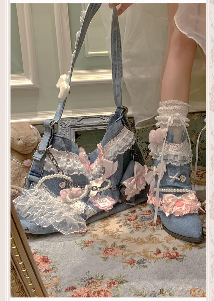 Lolita Bow Lace Denim Pointed Toe Ankle Boots LE5003